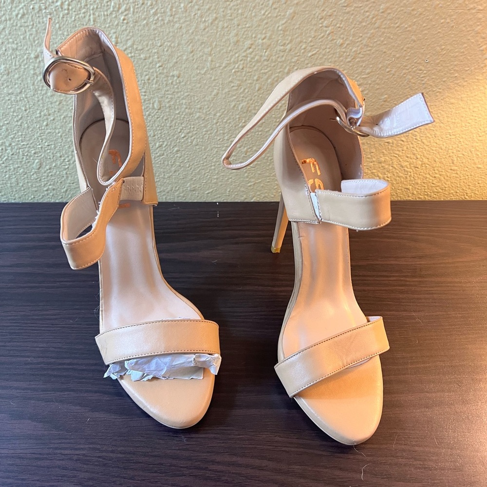 FSJ Nude Open Toe Ankle Straps Stilettos Women’s Size 10 1/2